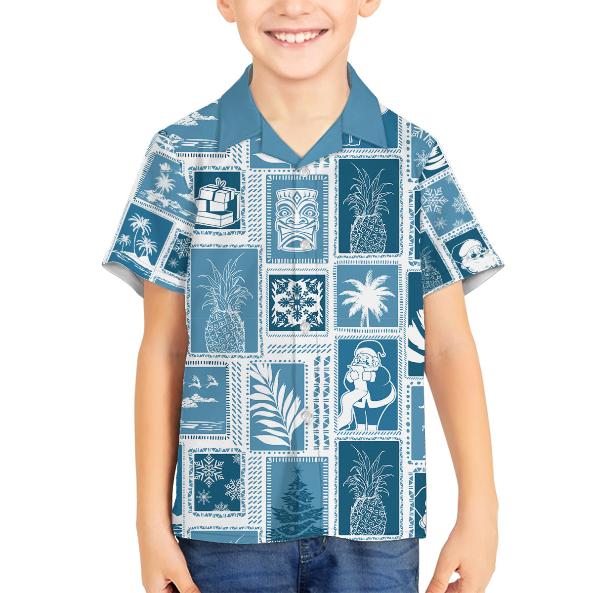 Hawaii Christmas Retro Patchwork Family Matching Off Shoulder Long Sleeve Dress and Hawaiian Shirt Aquamarine LT7 Son's Shirt Aquamarine - Polynesian Pride