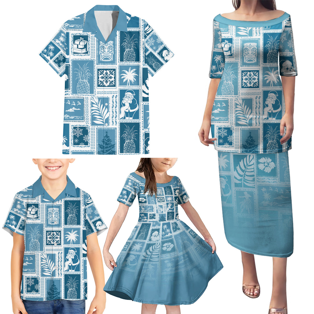 Hawaii Christmas Retro Patchwork Family Matching Puletasi Dress and Hawaiian Shirt Aquamarine LT7 - Polynesian Pride