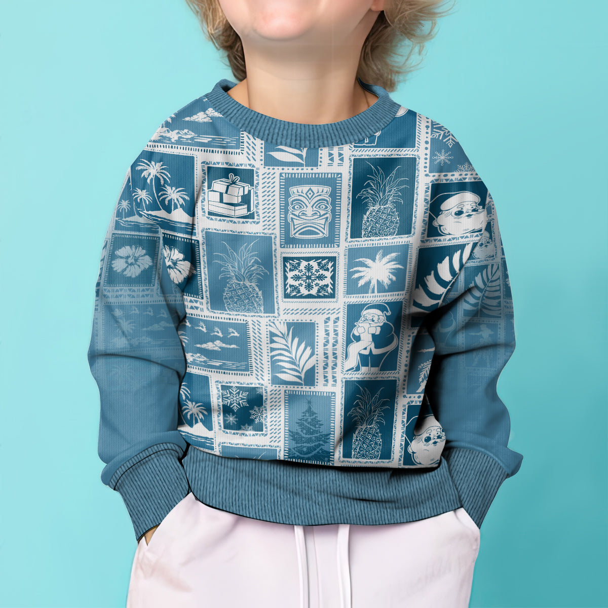 Hawaii Christmas Kid Ugly Christmas Sweater Retro Patchwork - Aquamarine LT7 - Polynesian Pride