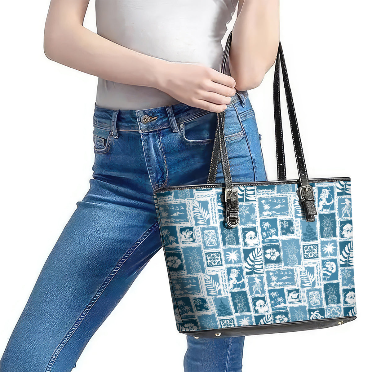 Hawaii Christmas Retro Patchwork Leather Tote Bag Aquamarine LT7 - Polynesian Pride