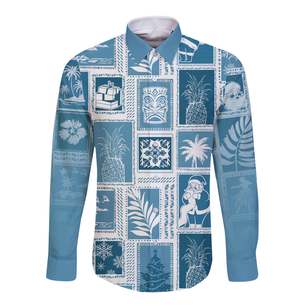 Hawaii Christmas Retro Patchwork Long Sleeve Button Shirt Aquamarine LT7 Unisex Aquamarine - Polynesian Pride