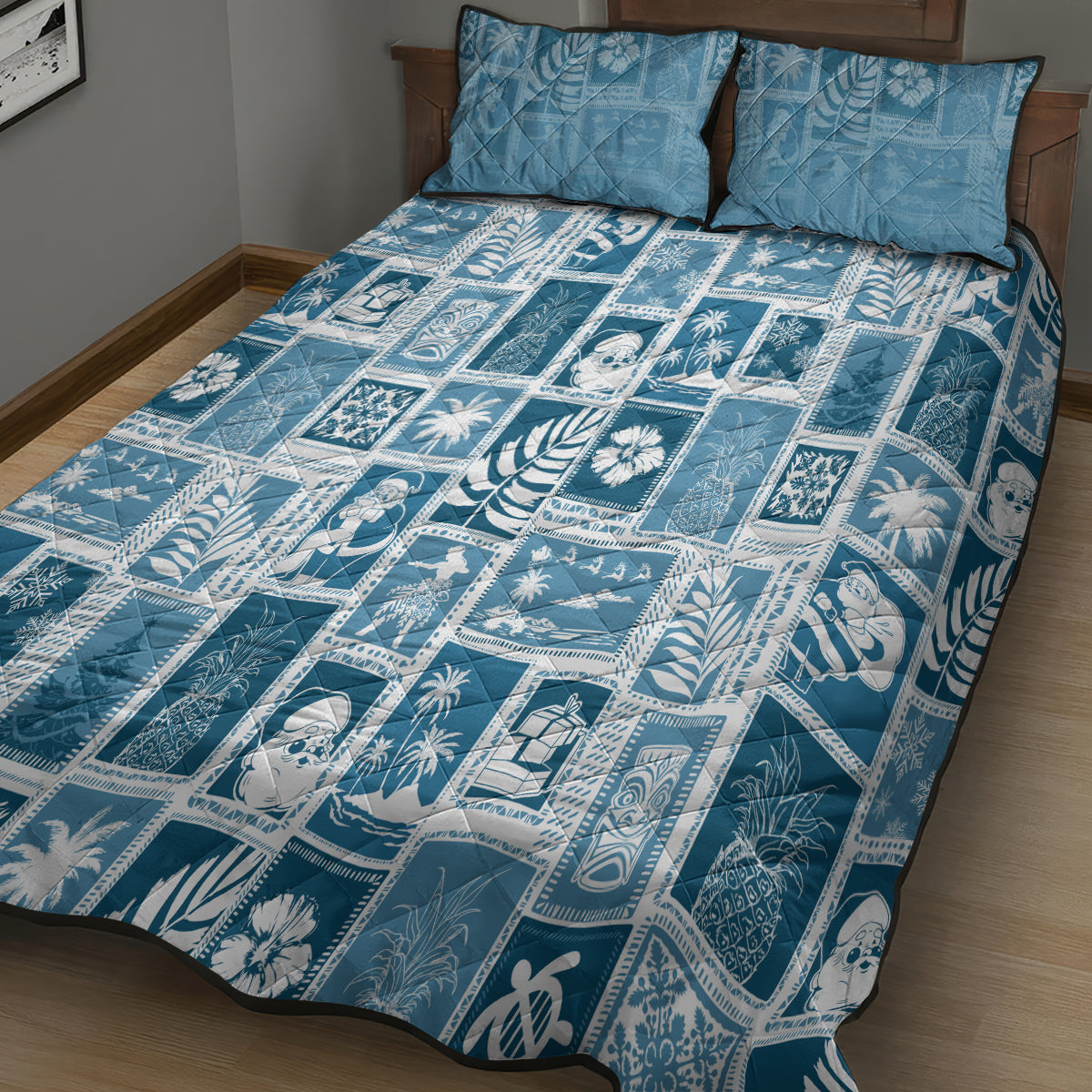 Hawaii Christmas Retro Patchwork Quilt Bed Set Aquamarine LT7 - Polynesian Pride