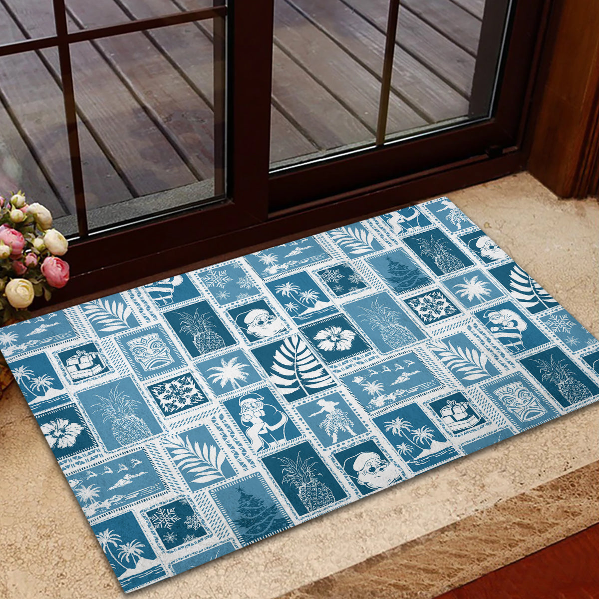 Hawaii Christmas Retro Patchwork Rubber Doormat Aquamarine LT7 - Polynesian Pride