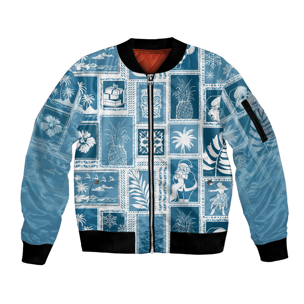 Hawaii Christmas Retro Patchwork Sleeve Zip Bomber Jacket Aquamarine LT7 Unisex Aquamarine - Polynesian Pride