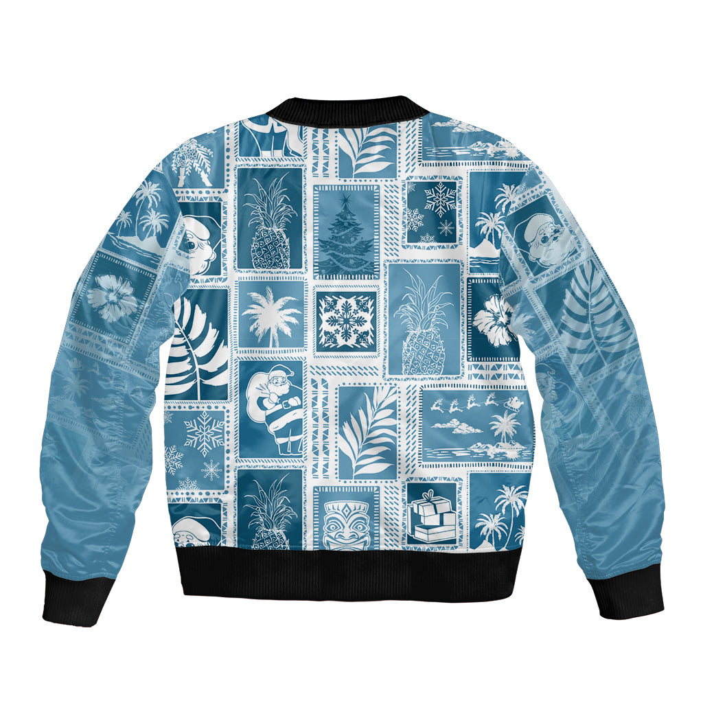 Hawaii Christmas Retro Patchwork Sleeve Zip Bomber Jacket Aquamarine LT7 - Polynesian Pride