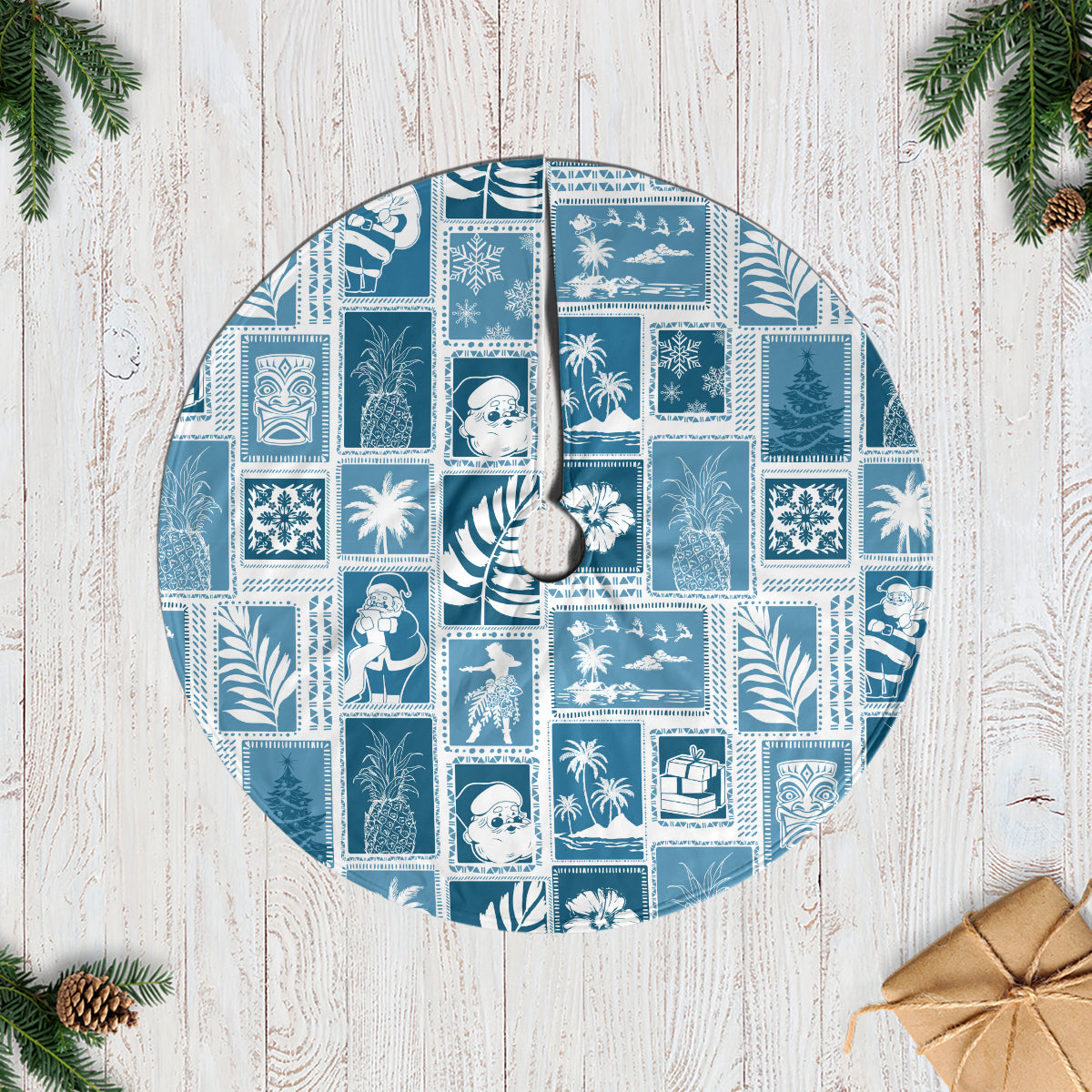 Hawaii Christmas Tree Skirt Retro Patchwork - Aquamarine LT7 Casual Tree Skirts Aquamarine - Polynesian Pride