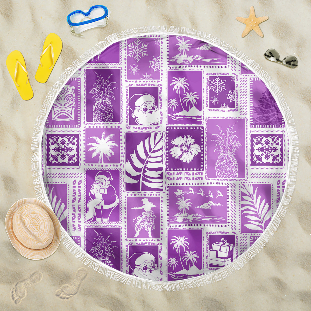 Hawaii Christmas Retro Patchwork Beach Blanket Violet LT7 One Size 150cm Violet - Polynesian Pride