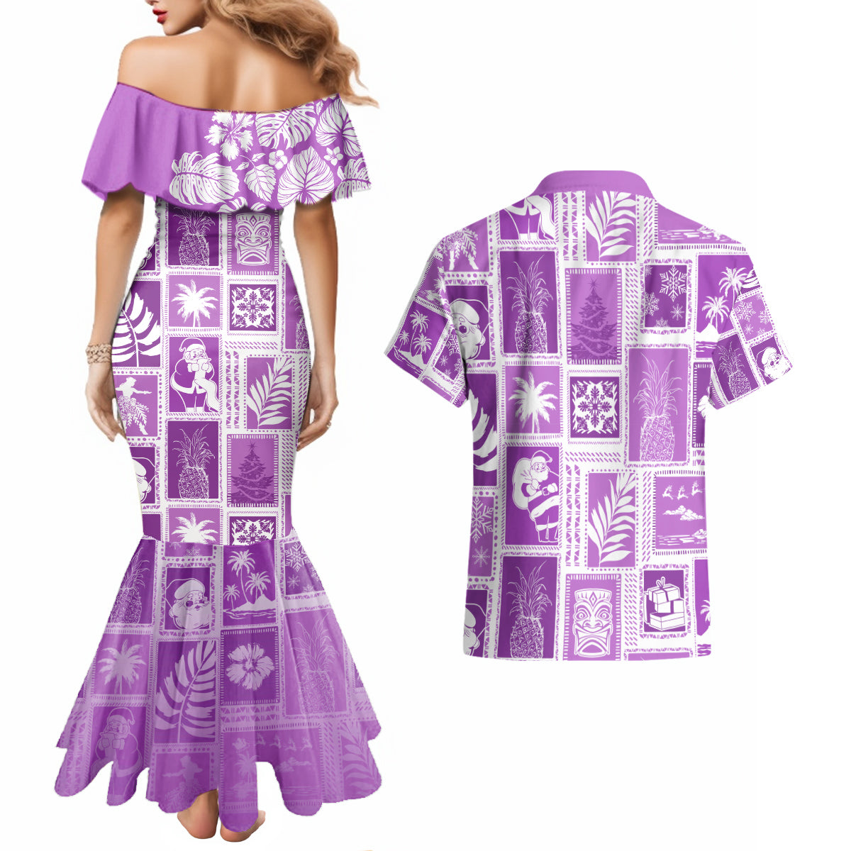 Hawaii Christmas Retro Patchwork Couples Matching Mermaid Dress and Hawaiian Shirt Violet LT7 - Polynesian Pride
