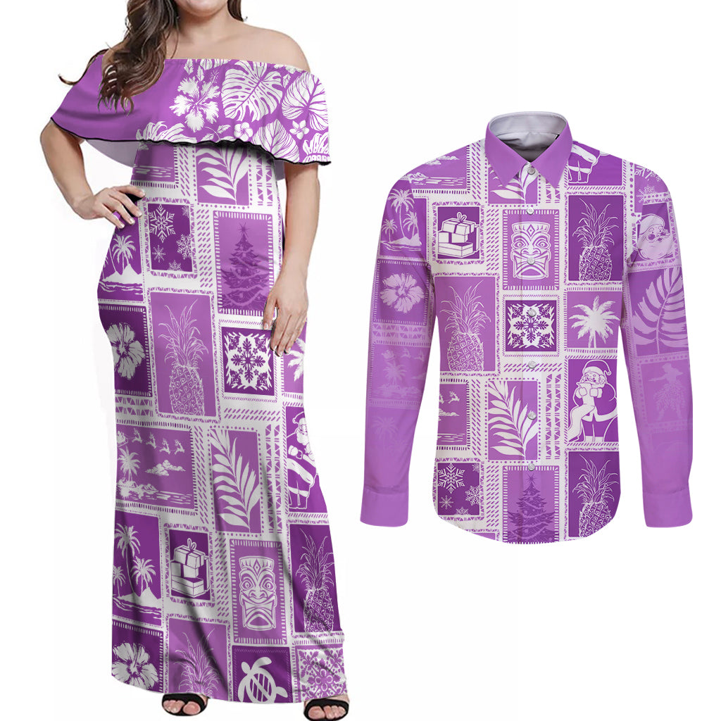 Hawaii Christmas Retro Patchwork Couples Matching Off Shoulder Maxi Dress and Long Sleeve Button Shirt Violet LT7 Violet - Polynesian Pride