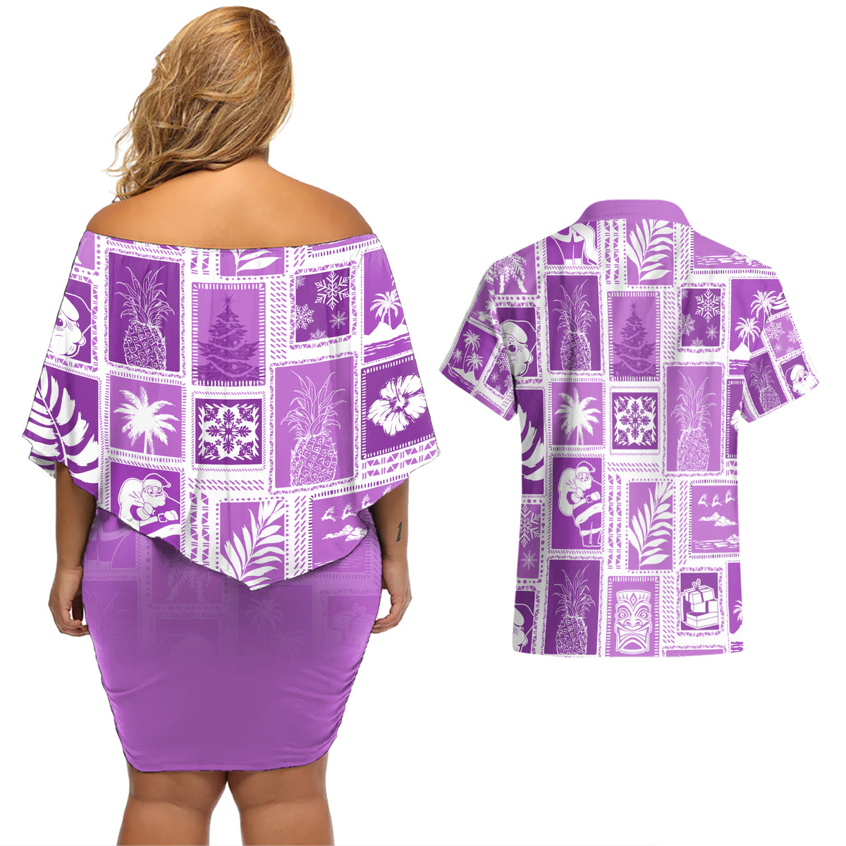 Hawaii Christmas Retro Patchwork Couples Matching Off Shoulder Short Dress and Hawaiian Shirt Violet LT7 - Polynesian Pride
