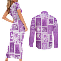 Hawaii Christmas Retro Patchwork Couples Matching Short Sleeve Bodycon Dress and Long Sleeve Button Shirt Violet LT7 - Polynesian Pride