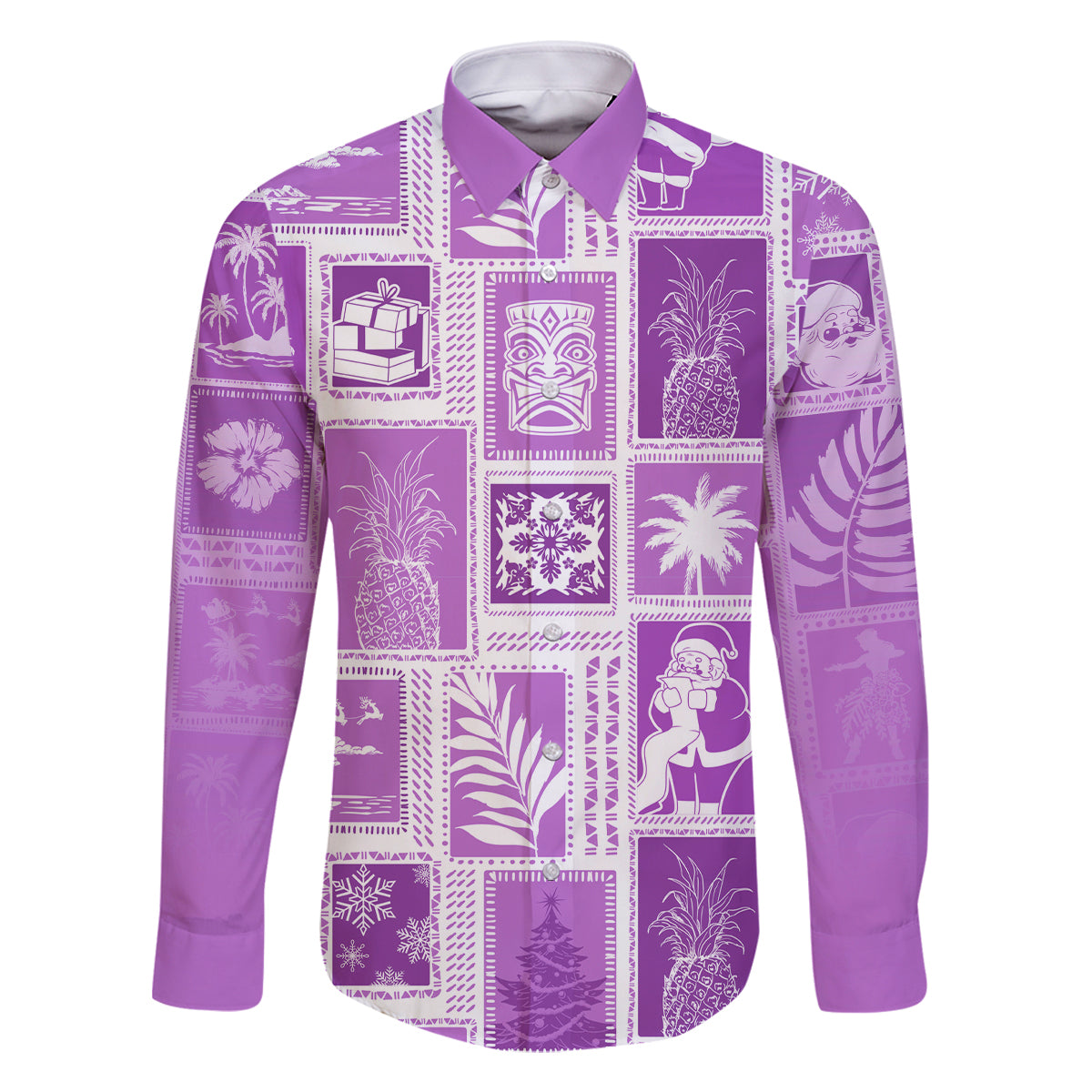 Hawaii Christmas Retro Patchwork Family Matching Mermaid Dress and Hawaiian Shirt Violet LT7 Dad's Shirt - Long Sleeve Violet - Polynesian Pride