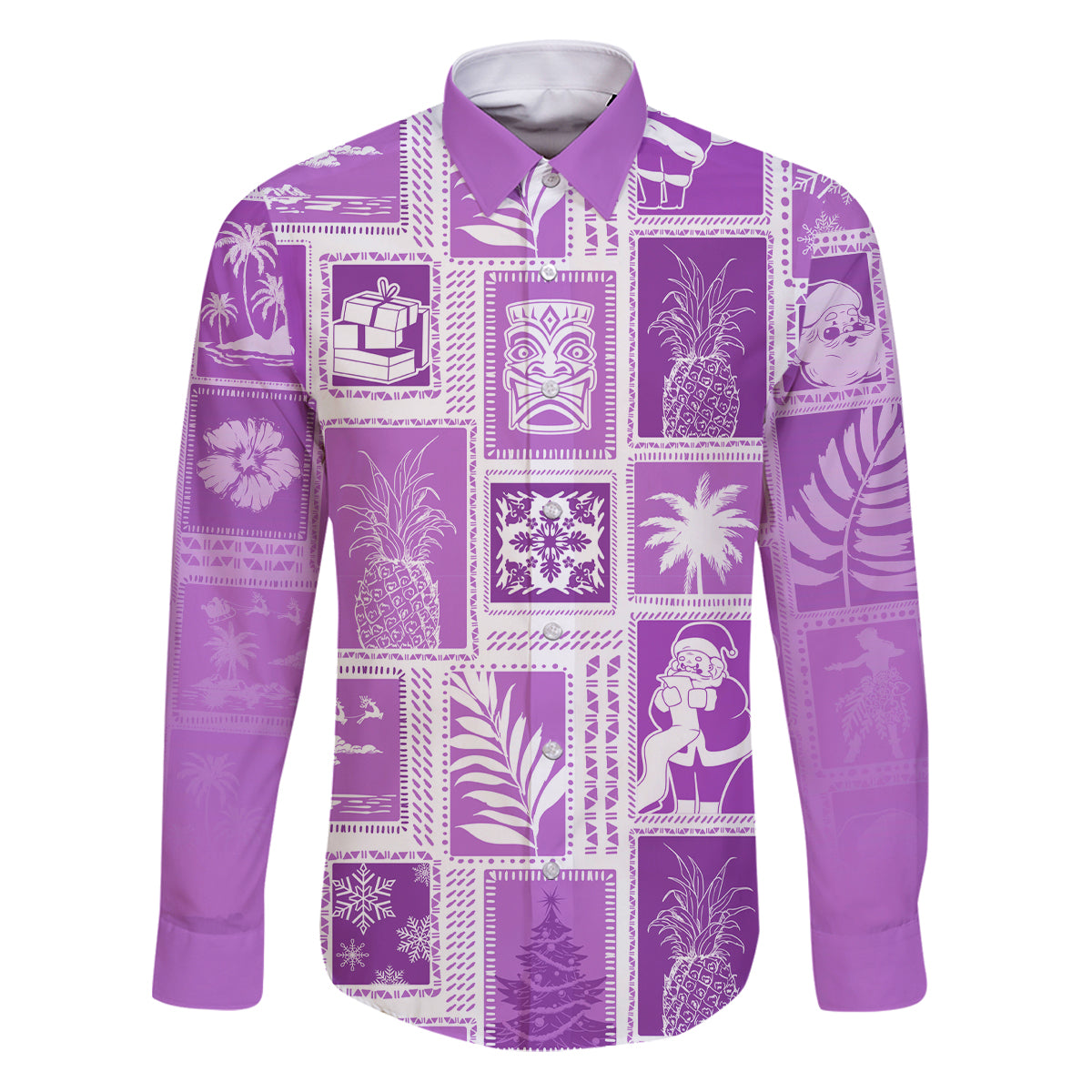 Hawaii Christmas Retro Patchwork Family Matching Puletasi Dress and Hawaiian Shirt Violet LT7 Dad's Shirt - Long Sleeve Violet - Polynesian Pride