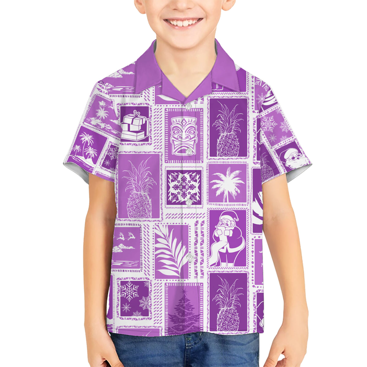 Hawaii Christmas Retro Patchwork Kid Hawaiian Shirt Violet LT7 Kid Violet - Polynesian Pride