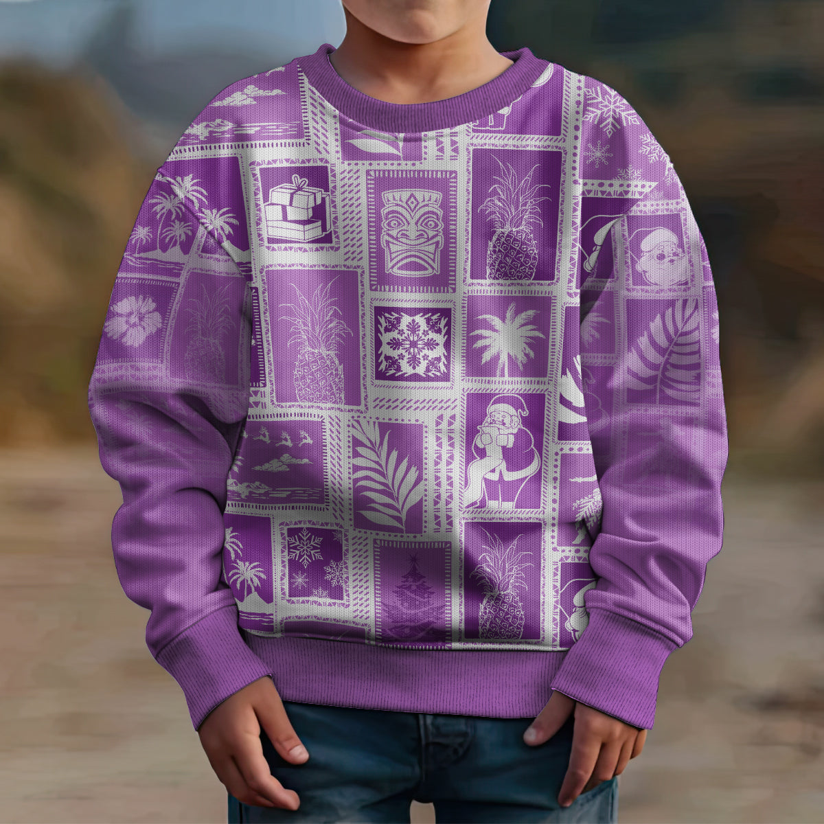 Hawaii Christmas Kid Ugly Christmas Sweater Retro Patchwork - Violet LT7 - Polynesian Pride