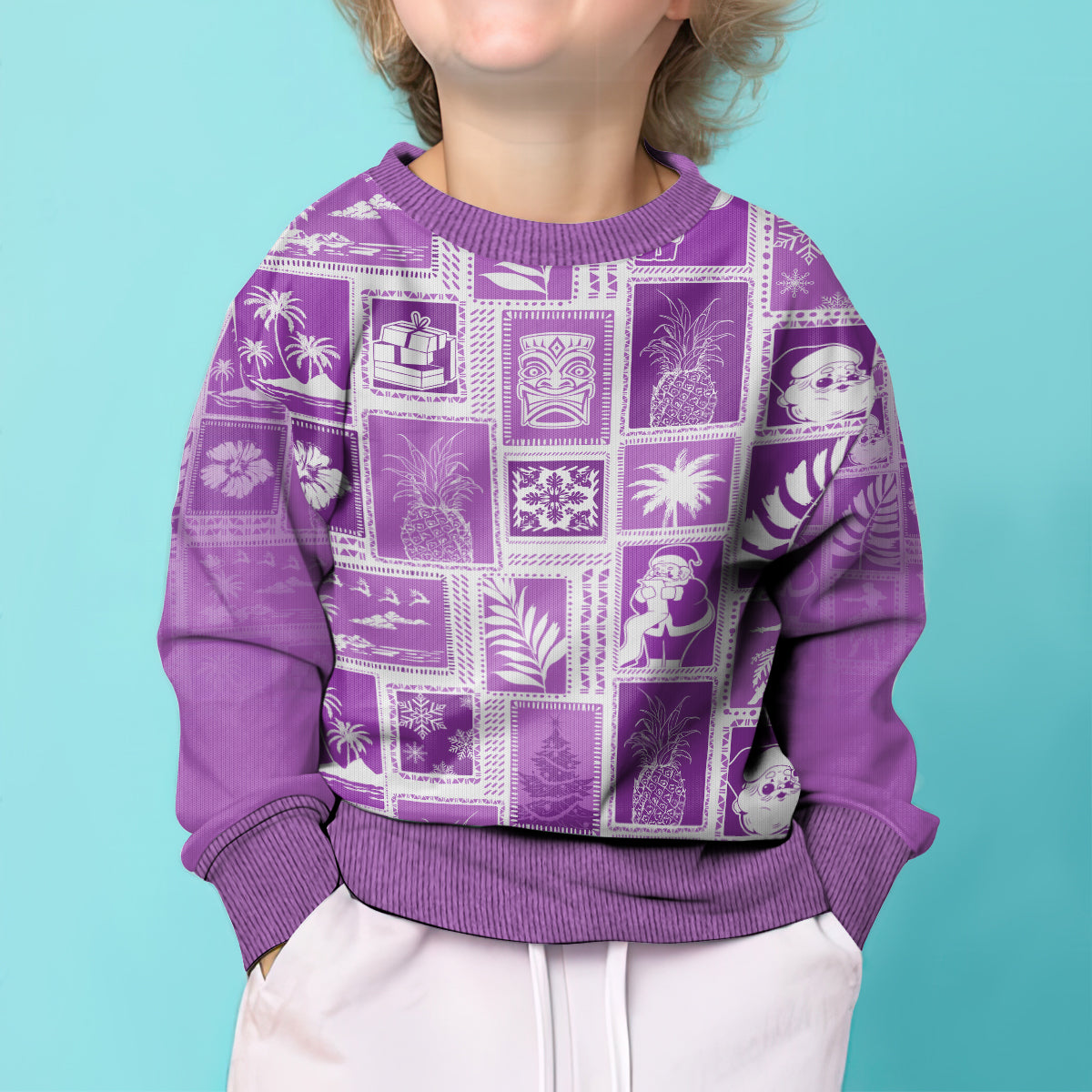 Hawaii Christmas Kid Ugly Christmas Sweater Retro Patchwork - Violet LT7 - Polynesian Pride