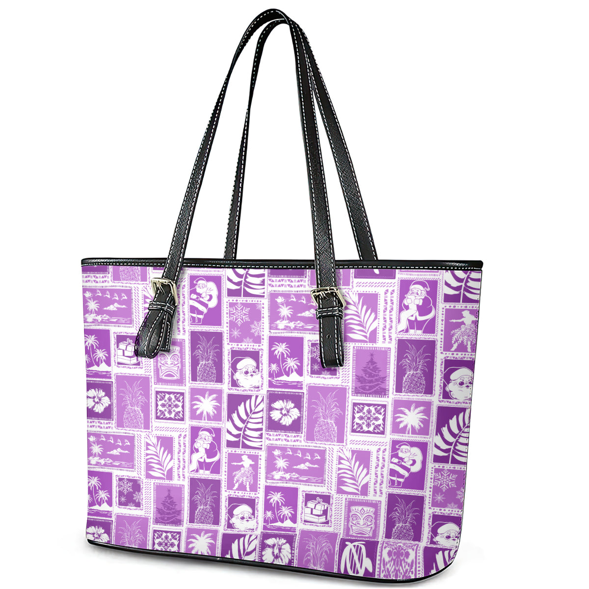 Hawaii Christmas Retro Patchwork Leather Tote Bag Violet LT7 - Polynesian Pride