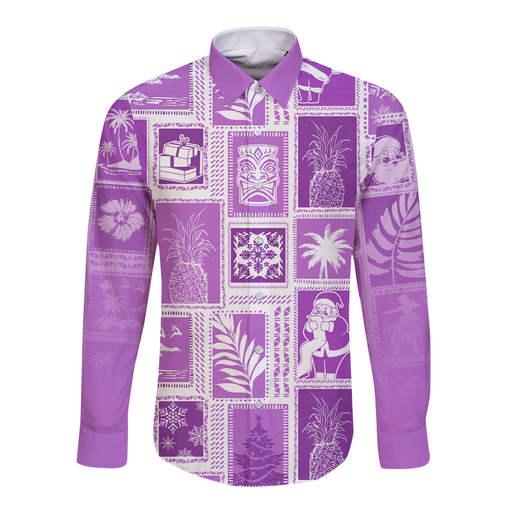 Hawaii Christmas Retro Patchwork Long Sleeve Button Shirt Violet LT7 Unisex Violet - Polynesian Pride