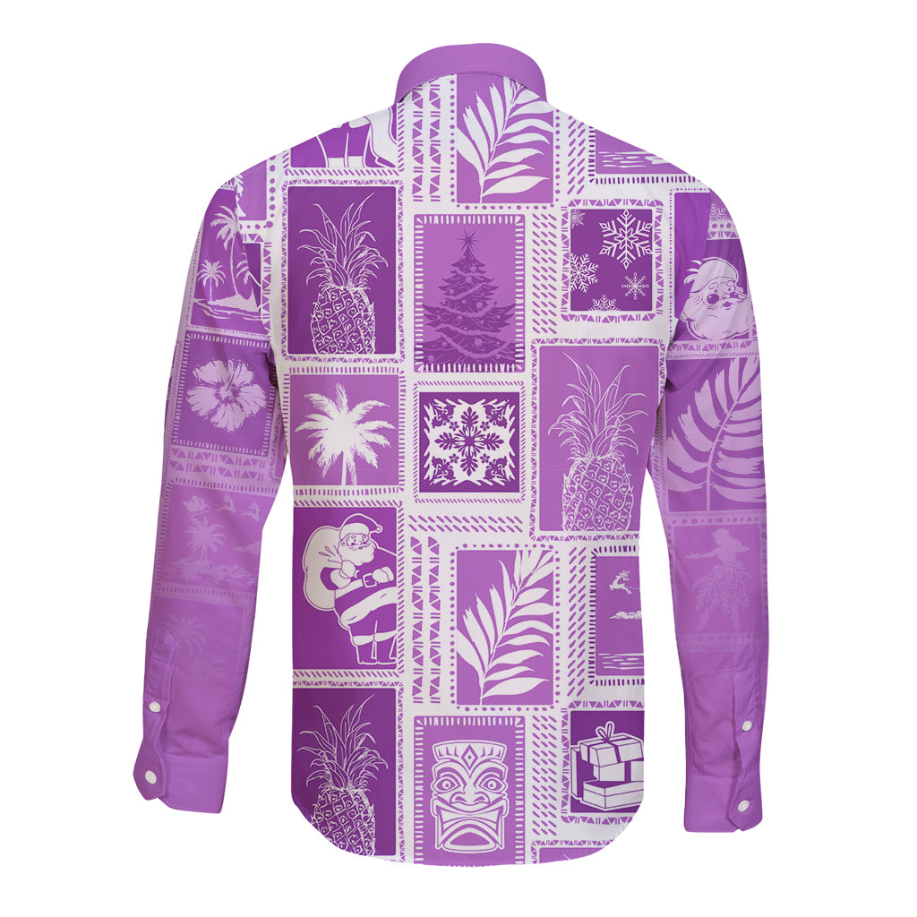 Hawaii Christmas Retro Patchwork Long Sleeve Button Shirt Violet LT7 - Polynesian Pride