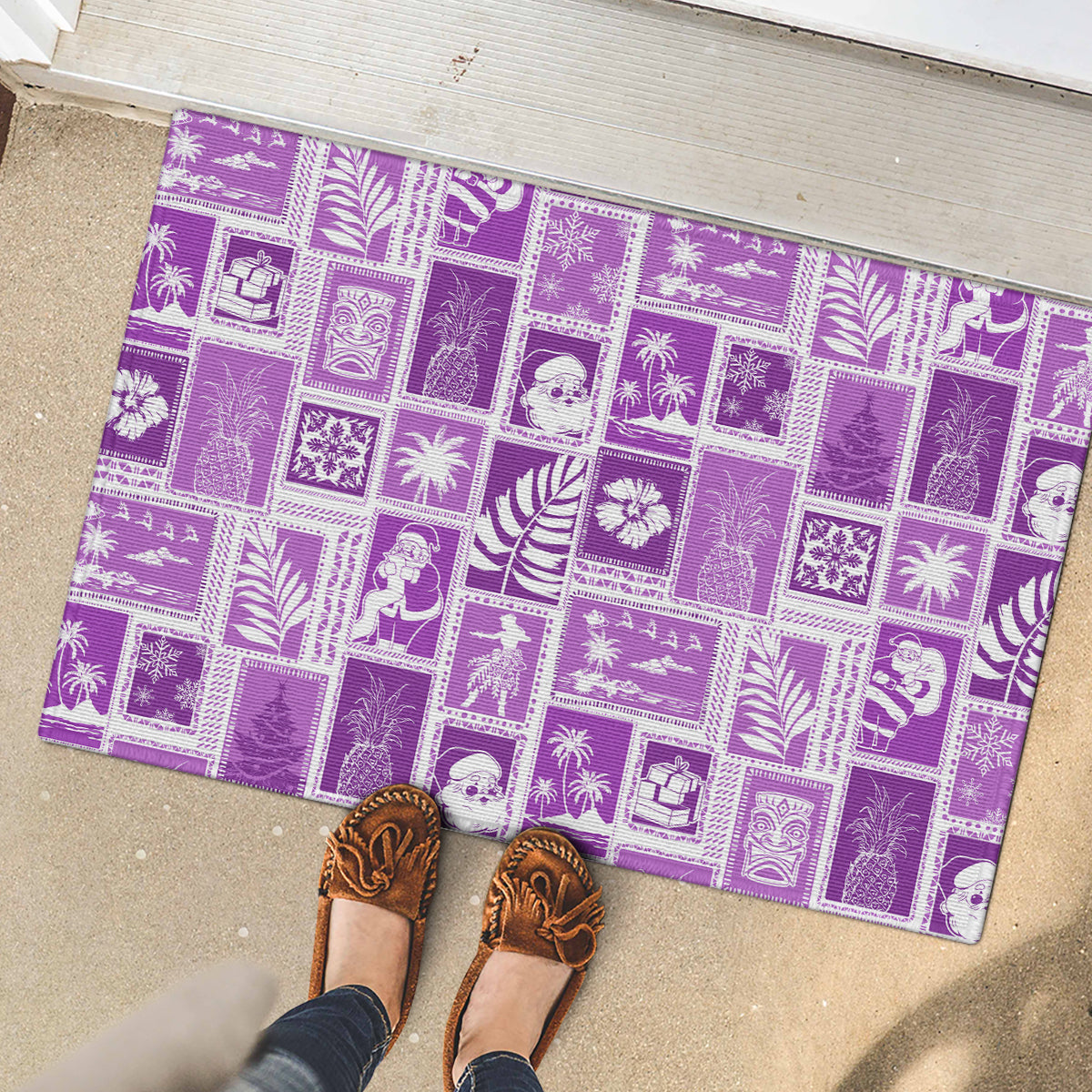 Hawaii Christmas Retro Patchwork Rubber Doormat Violet LT7 - Polynesian Pride