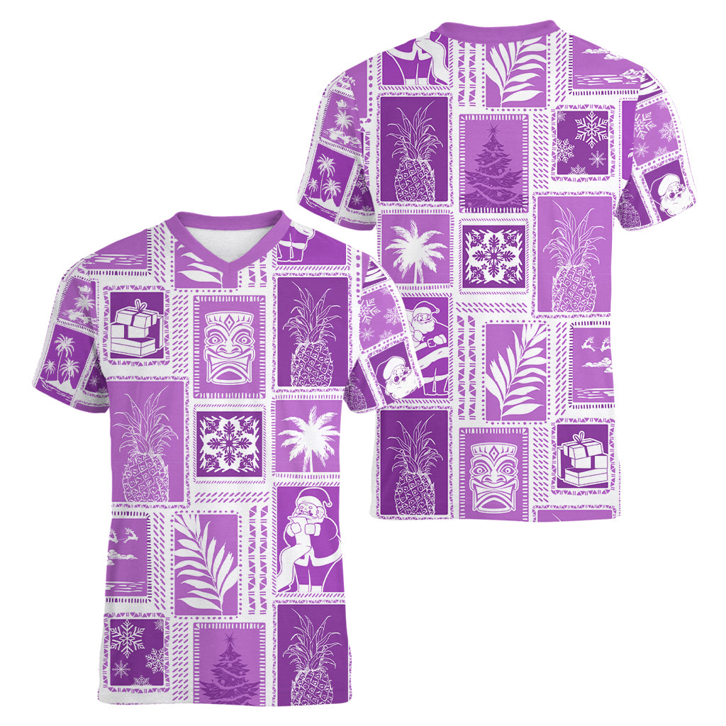 Hawaii Christmas Retro Patchwork Women V Neck T Shirt Violet LT7 - Polynesian Pride