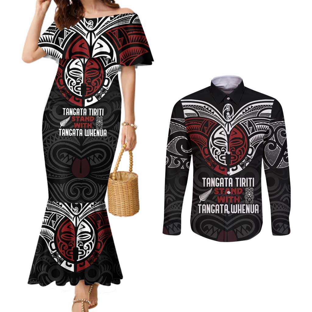 Maori Hongi Toitu Te Tiriti Couples Matching Mermaid Dress and Long Sleeve Button Shirt Tangata Tiriti Stand With Tangata Whenua