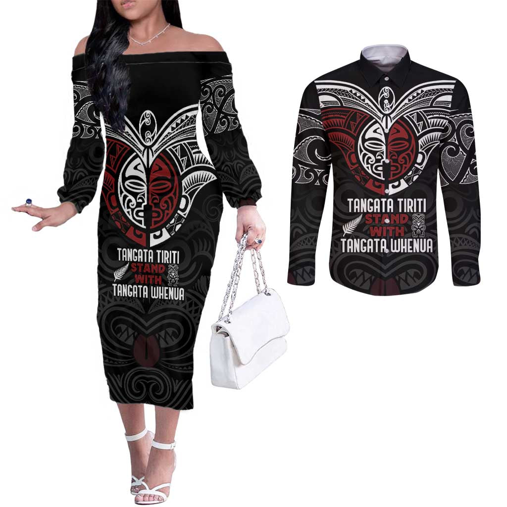 Maori Hongi Toitu Te Tiriti Couples Matching Off The Shoulder Long Sleeve Dress and Long Sleeve Button Shirt Tangata Tiriti Stand With Tangata Whenua