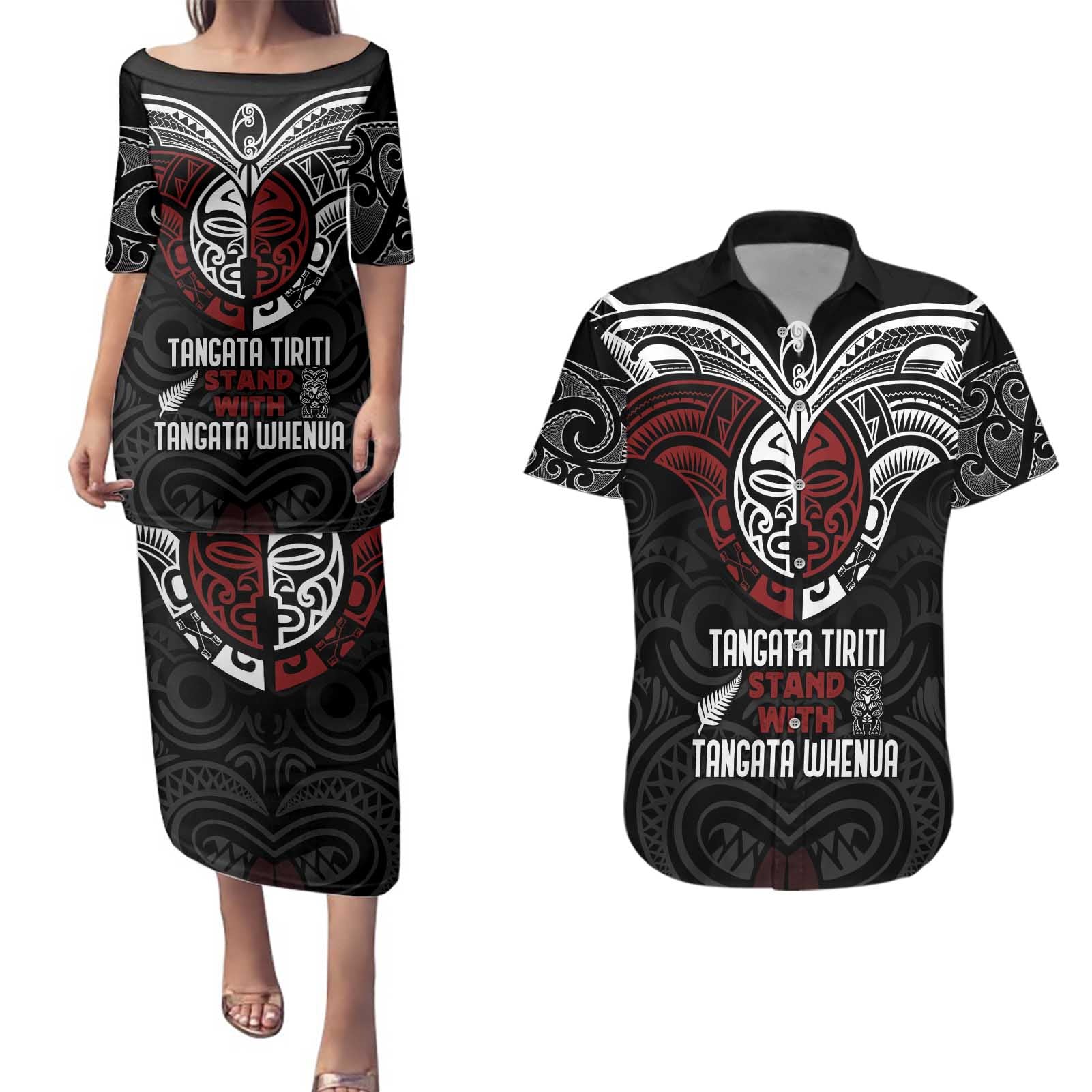 Maori Hongi Toitu Te Tiriti Couples Matching Puletasi and Hawaiian Shirt Tangata Tiriti Stand With Tangata Whenua