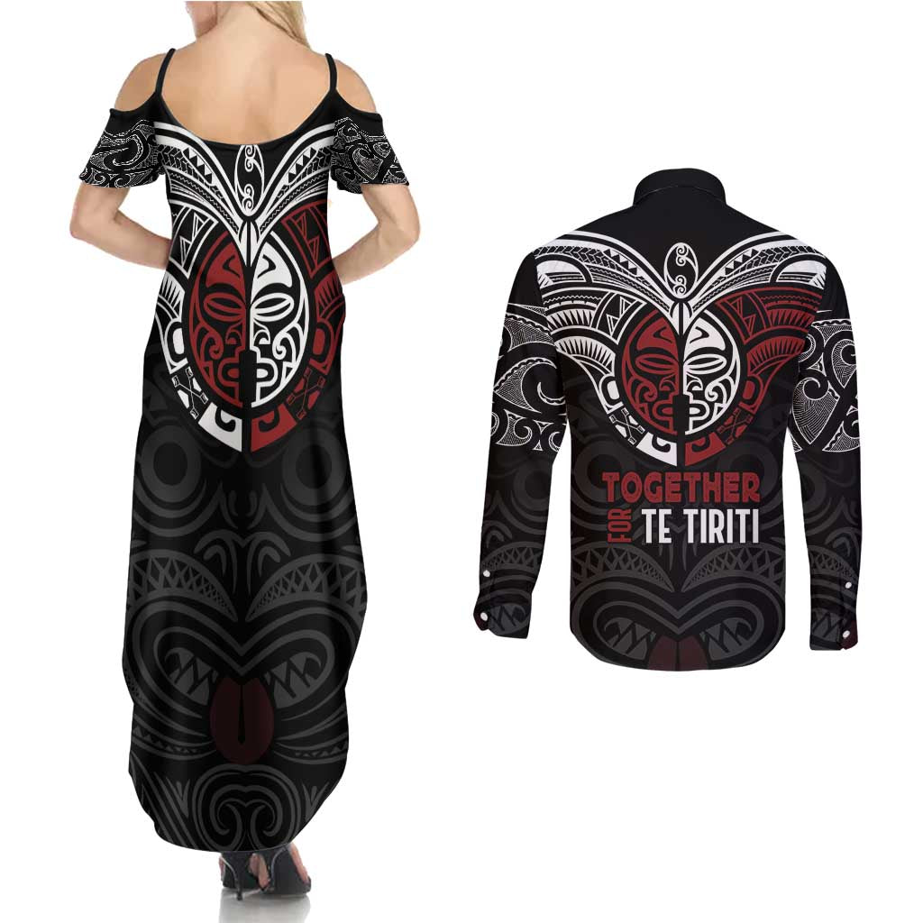 Maori Hongi Toitu Te Tiriti Couples Matching Summer Maxi Dress and Long Sleeve Button Shirt Tangata Tiriti Stand With Tangata Whenua