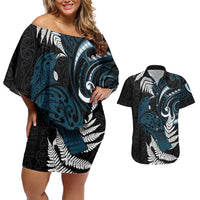 New Zealand Tui Bird Couples Matching Off Shoulder Short Dress and Hawaiian Shirt Maori Kowhaiwhai