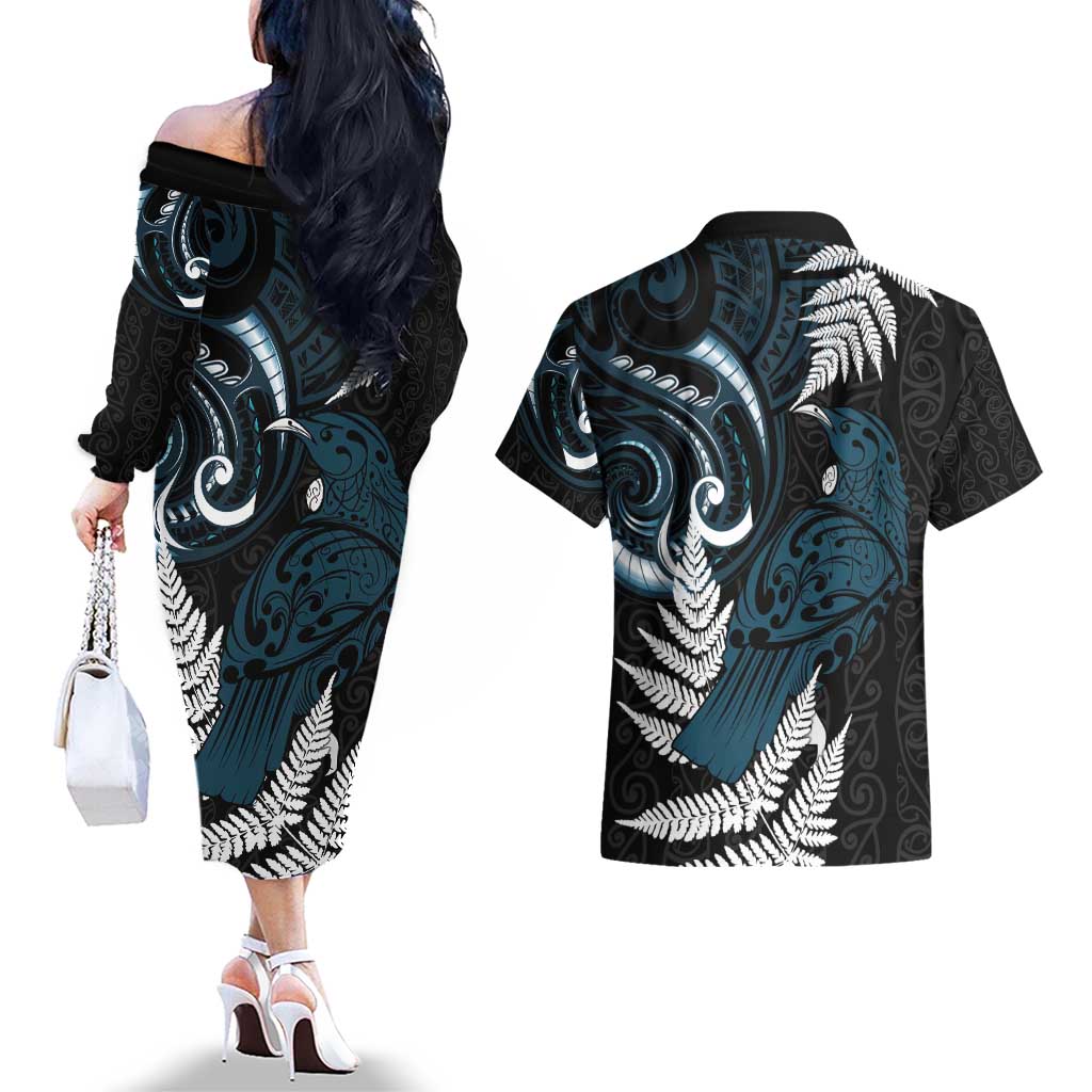 New Zealand Tui Bird Couples Matching Off The Shoulder Long Sleeve Dress and Hawaiian Shirt Maori Kowhaiwhai