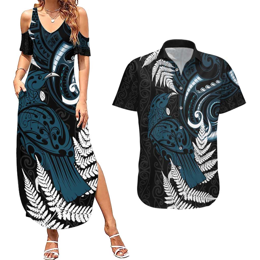 New Zealand Tui Bird Couples Matching Summer Maxi Dress and Hawaiian Shirt Maori Kowhaiwhai