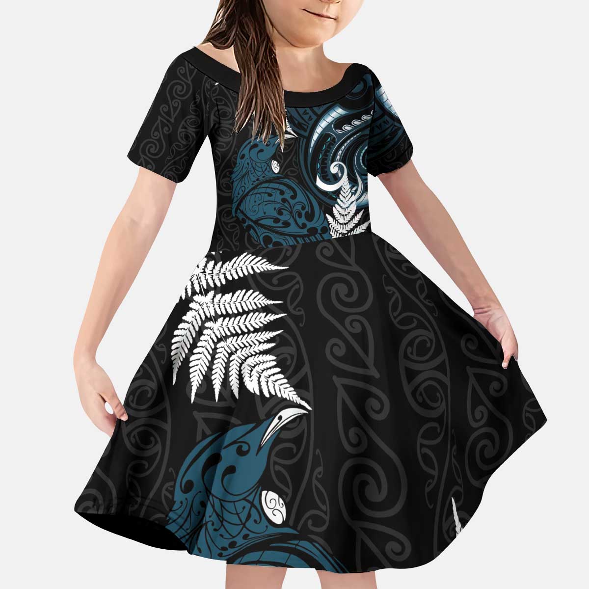 New Zealand Tui Bird Kid Short Sleeve Dress Maori Kowhaiwhai LT7 KID Teal - Polynesian Pride