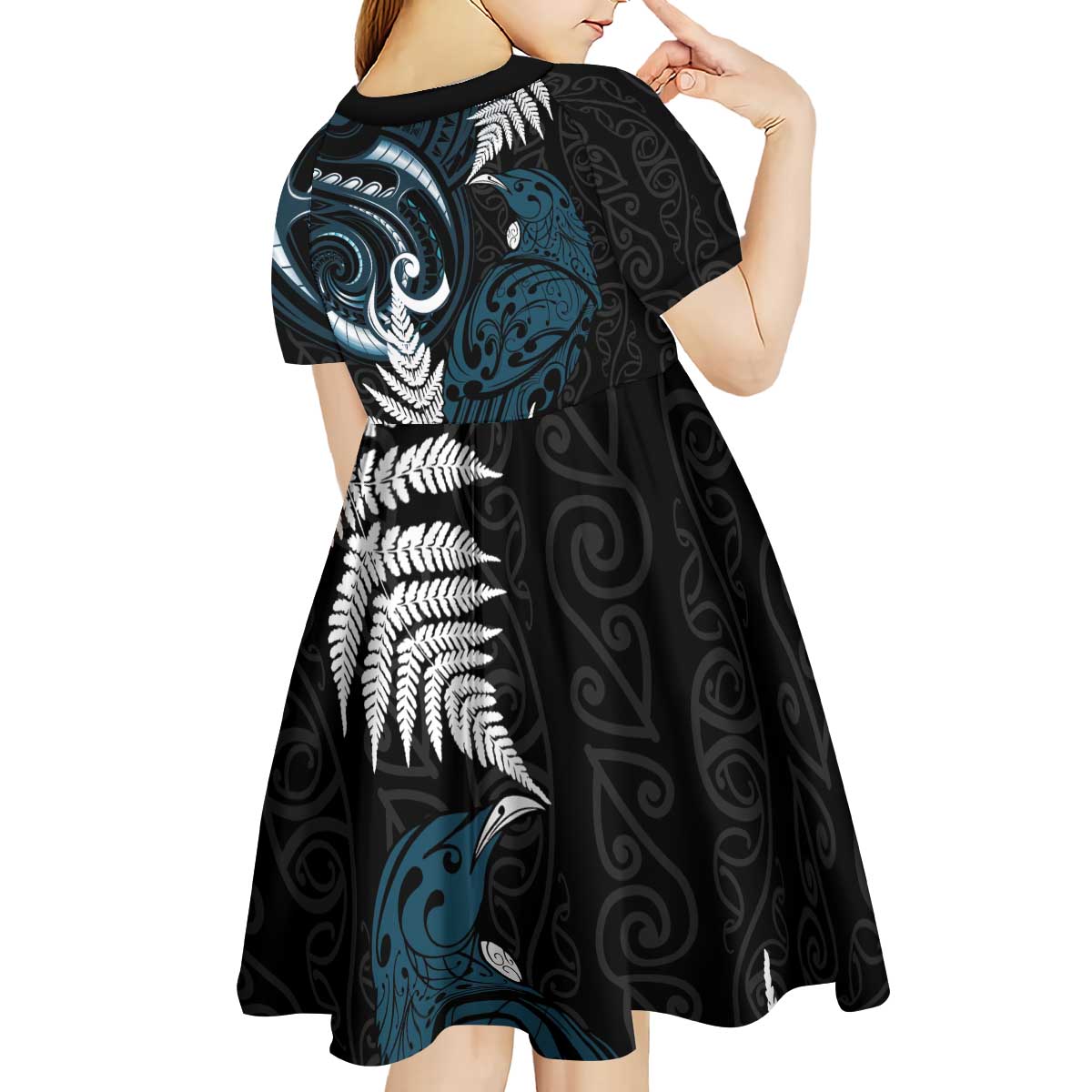 New Zealand Tui Bird Kid Short Sleeve Dress Maori Kowhaiwhai LT7 - Polynesian Pride