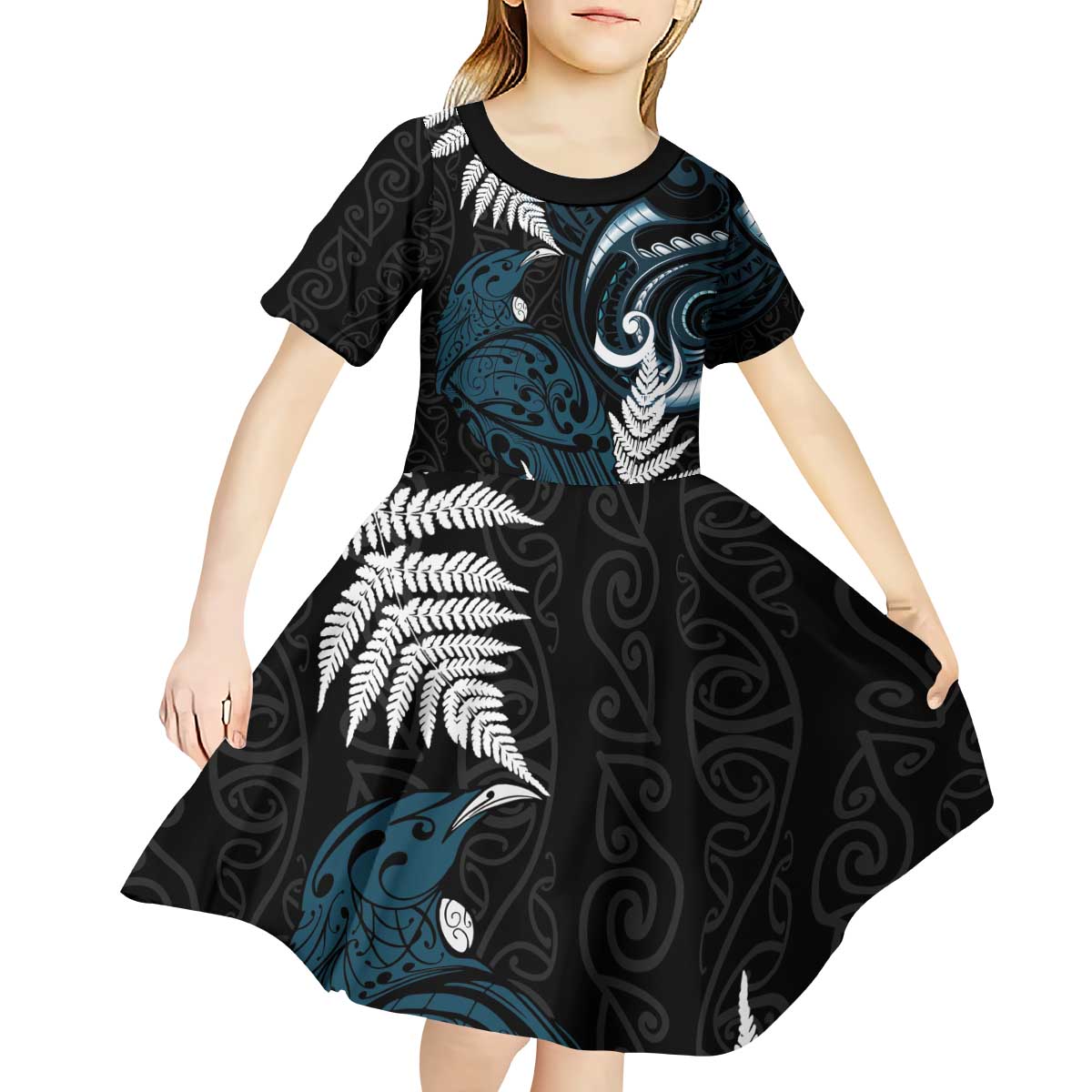 New Zealand Tui Bird Kid Short Sleeve Dress Maori Kowhaiwhai LT7 - Polynesian Pride