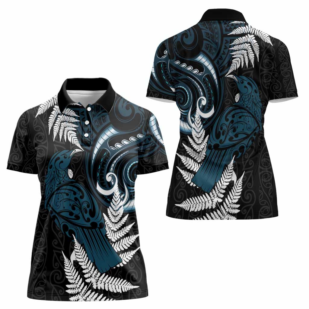 New Zealand Tui Bird Women Polo Shirt Maori Kowhaiwhai