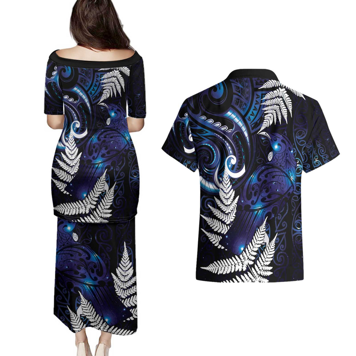 New Zealand Maori Matariki Couples Matching Puletasi and Hawaiian Shirt Tui Bird Galaxy