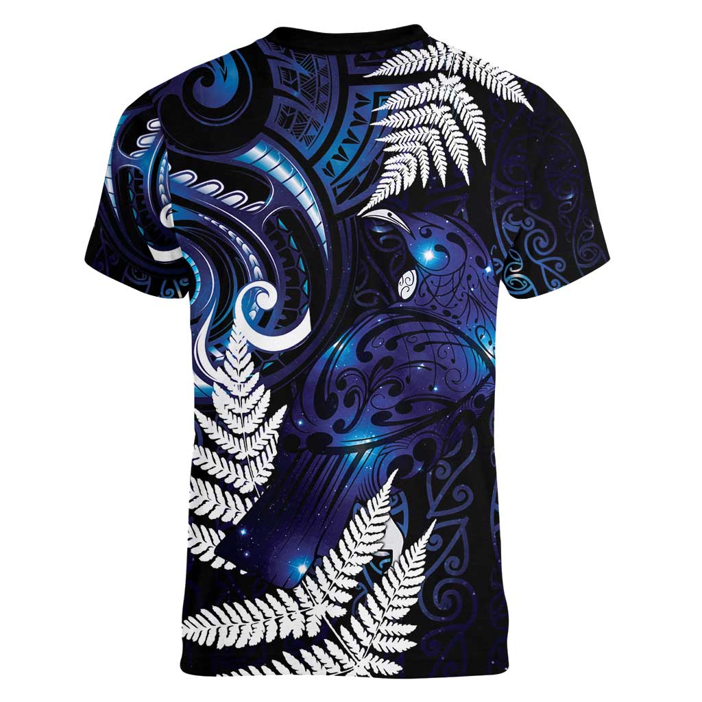 New Zealand Maori Matariki Women V-Neck T-Shirt Tui Bird Galaxy