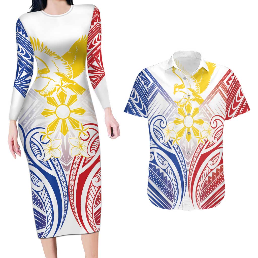 Philippines Tribal Sun Personalized Couples Matching Long Sleeve Bodycon Dress and Hawaiian Shirt Hunting Eagle LT7 White - Polynesian Pride