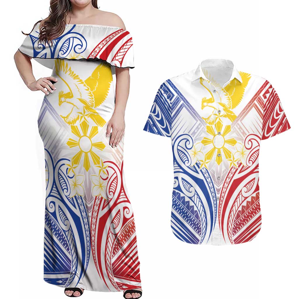 Philippines Tribal Sun Personalized Couples Matching Off Shoulder Maxi Dress and Hawaiian Shirt Hunting Eagle