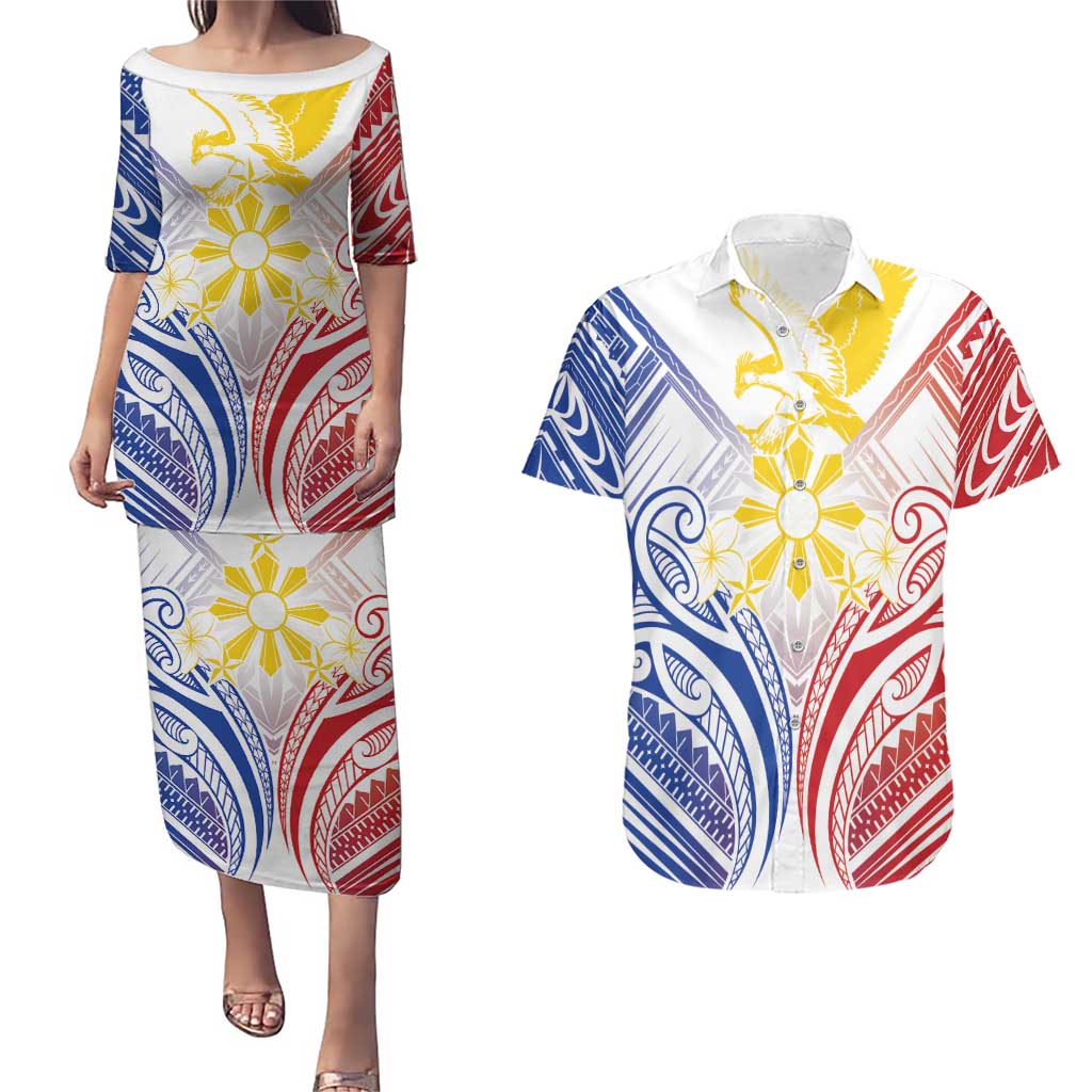 Philippines Tribal Sun Personalized Couples Matching Puletasi and Hawaiian Shirt Hunting Eagle LT7 White - Polynesian Pride