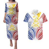Philippines Tribal Sun Personalized Couples Matching Puletasi and Hawaiian Shirt Hunting Eagle LT7 White - Polynesian Pride