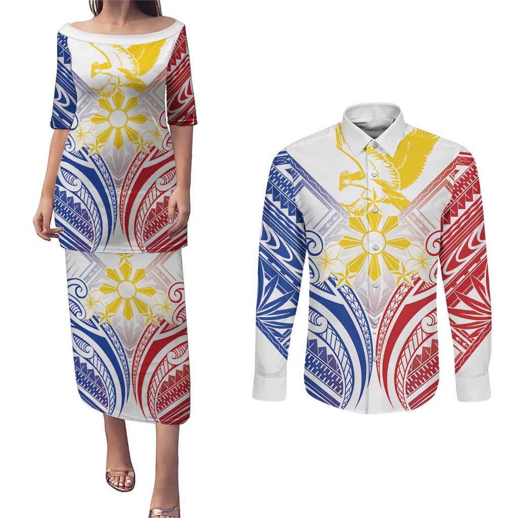 Philippines Tribal Sun Personalized Couples Matching Puletasi and Long Sleeve Button Shirt Hunting Eagle