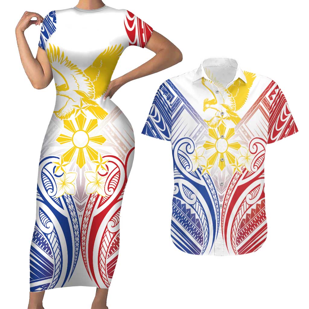 Philippines Tribal Sun Personalized Couples Matching Short Sleeve Bodycon Dress and Hawaiian Shirt Hunting Eagle LT7 White - Polynesian Pride