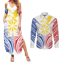 Philippines Tribal Sun Personalized Couples Matching Summer Maxi Dress and Long Sleeve Button Shirt Hunting Eagle LT7 White - Polynesian Pride