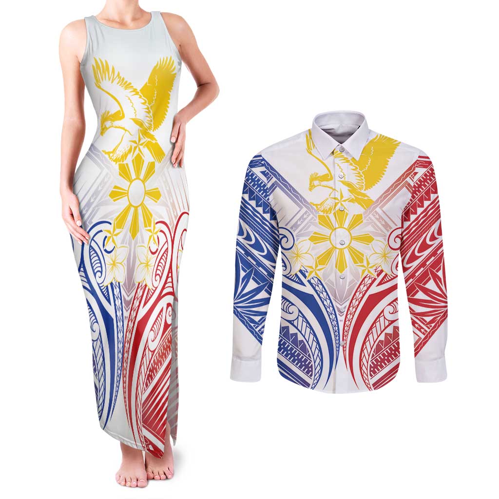 Philippines Tribal Sun Personalized Couples Matching Tank Maxi Dress and Long Sleeve Button Shirt Hunting Eagle