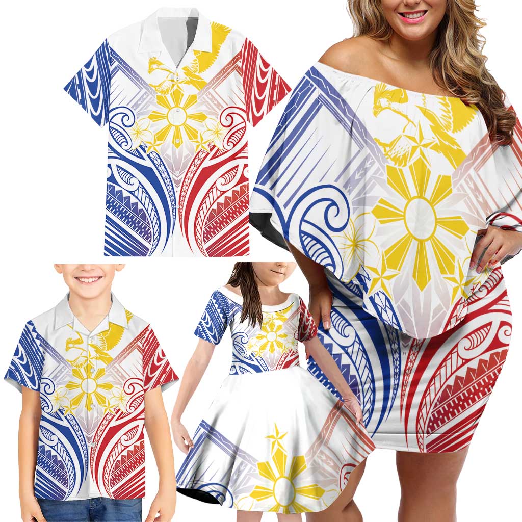 Philippines Tribal Sun Personalized Family Matching Off Shoulder Short Dress and Hawaiian Shirt Hunting Eagle