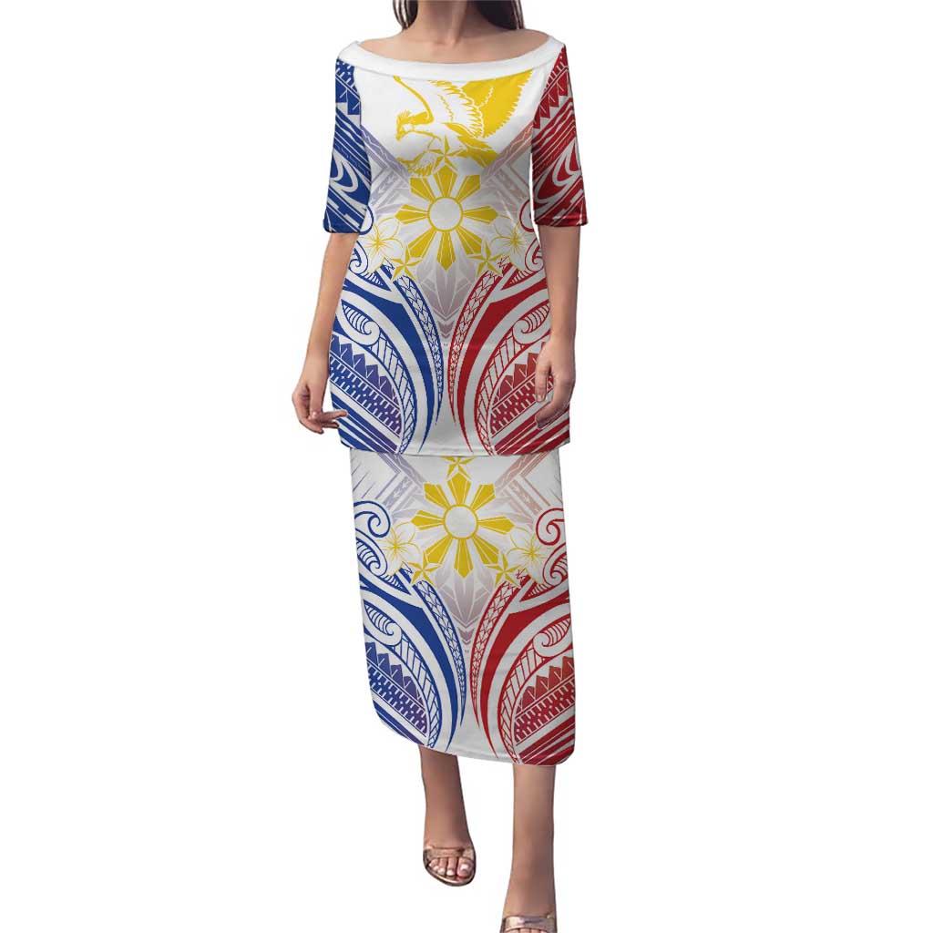 Philippines Tribal Sun Personalized Family Matching Puletasi and Hawaiian Shirt Hunting Eagle LT7 Mom's Dress White - Polynesian Pride