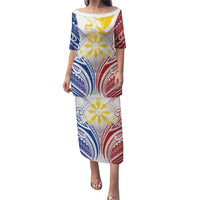Philippines Tribal Sun Personalized Family Matching Puletasi and Hawaiian Shirt Hunting Eagle LT7 Mom's Dress White - Polynesian Pride