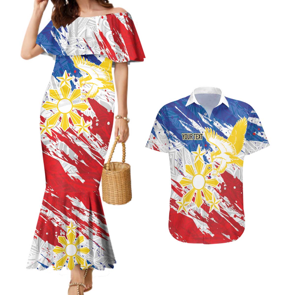 Personalized Filipino Sun and Stars Couples Matching Mermaid Dress and Hawaiian Shirt Grunge Vibes